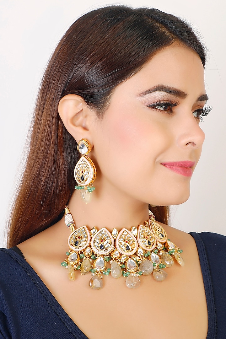 Gold Finish Kundan Choker Necklace Set by Chhavi'S Jewels