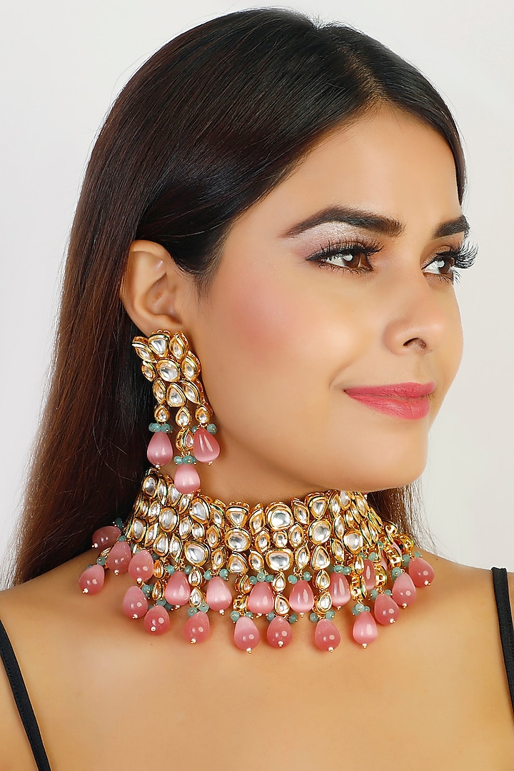 Gold Finish Choker Necklace Set by Chhavi'S Jewels