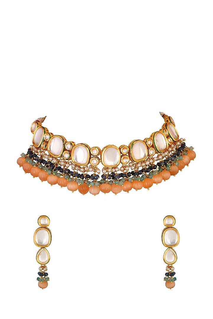 Gold Finish Choker Necklace Set With Kundans by Chhavi'S Jewels at Pernia's Pop Up Shop