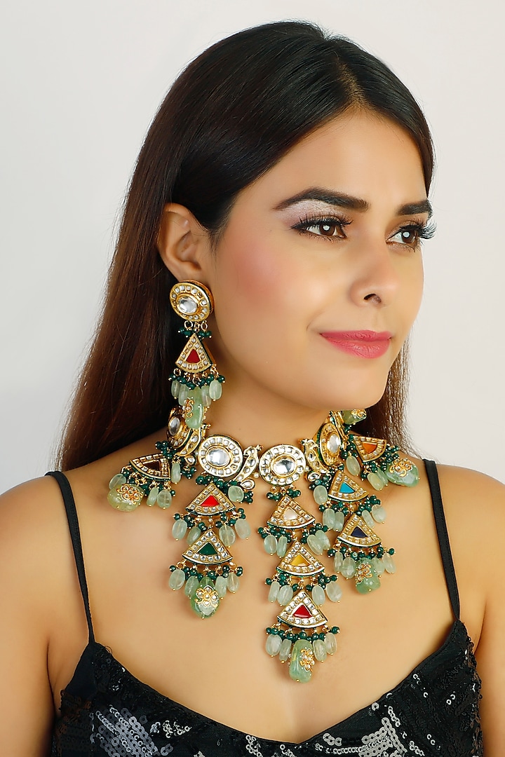 Gold Finish Ethnic Choker Necklace Set With Kundans by Chhavi'S Jewels