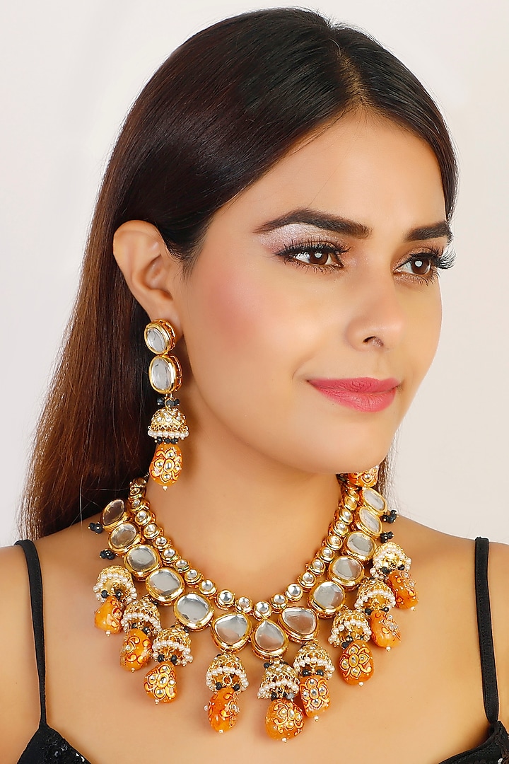 Gold Finish Kundan Long Necklace Set by Chhavi'S Jewels