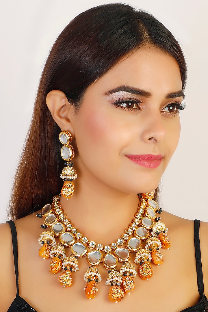Gold Finish Kundan Long Necklace Set by Chhavi'S Jewels at Pernia's Pop Up Shop