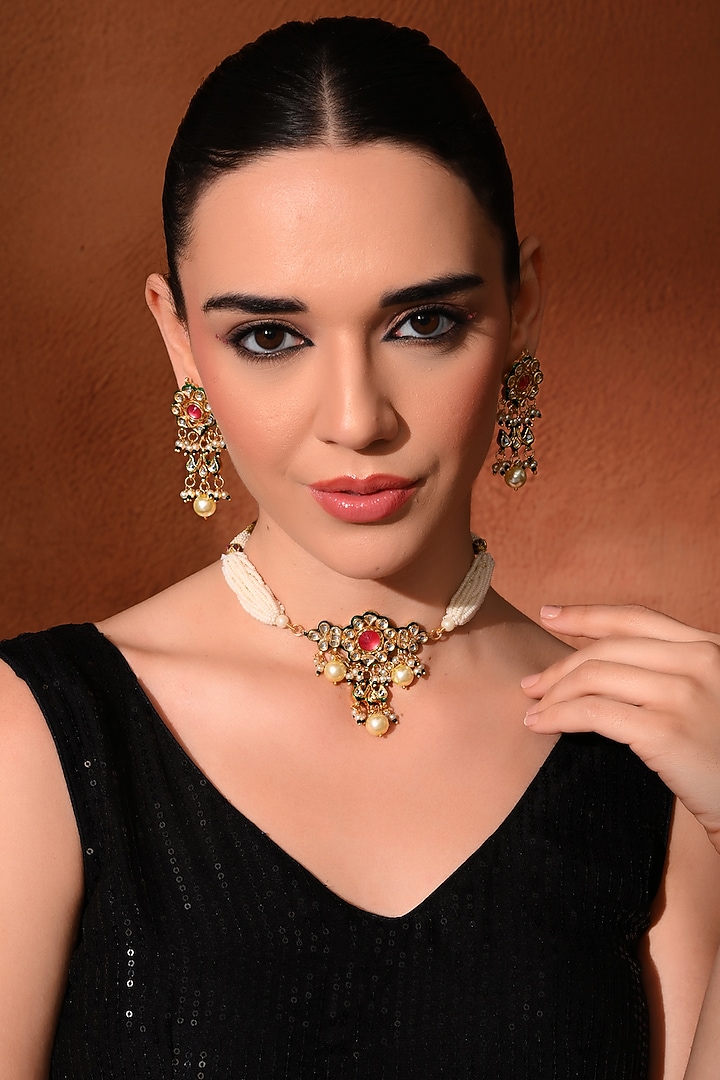 Gold Finish Pink Kundan Polki Choker Necklace Set by Chhavi'S Jewels at Pernia's Pop Up Shop