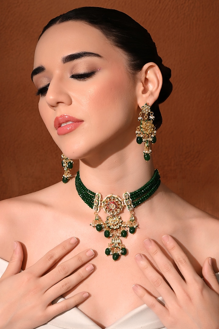 Gold Finish Green Kundan Polki Choker Necklace Set by Chhavi'S Jewels at Pernia's Pop Up Shop