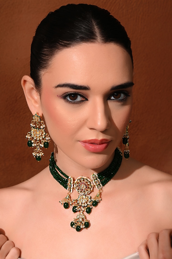 Gold Finish Green Kundan Polki Choker Necklace Set by Chhavi'S Jewels at Pernia's Pop Up Shop