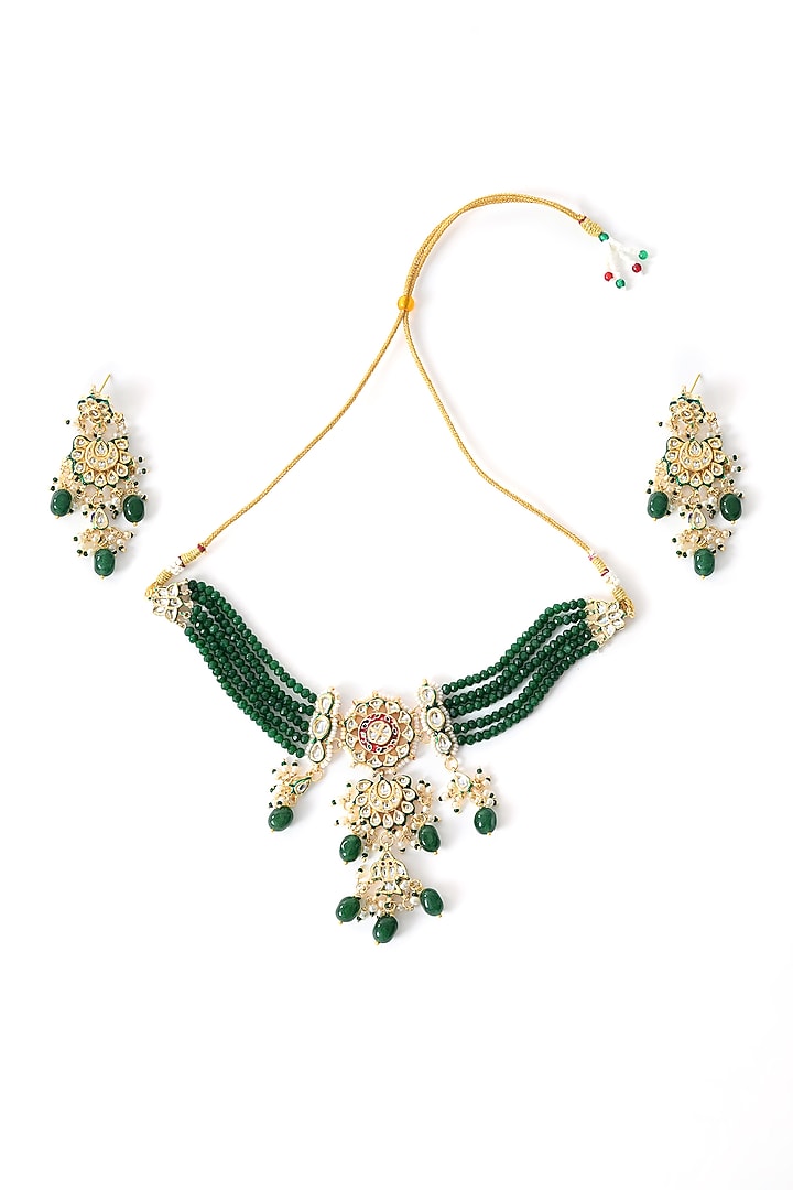 Gold Finish Green Kundan Polki Choker Necklace Set by Chhavi'S Jewels at Pernia's Pop Up Shop