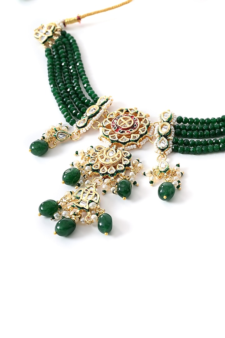 Gold Finish Green Kundan Polki Choker Necklace Set by Chhavi'S Jewels at Pernia's Pop Up Shop