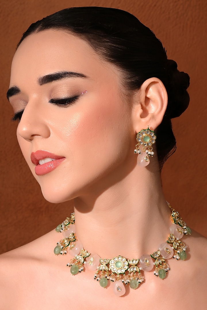 Gold Finish Multi-Colored Kundan Polki Choker Necklace Set by Chhavi'S Jewels at Pernia's Pop Up Shop