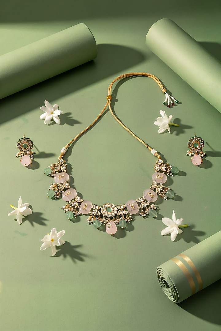 Gold Finish Multi-Colored Kundan Polki Choker Necklace Set by Chhavi'S Jewels at Pernia's Pop Up Shop