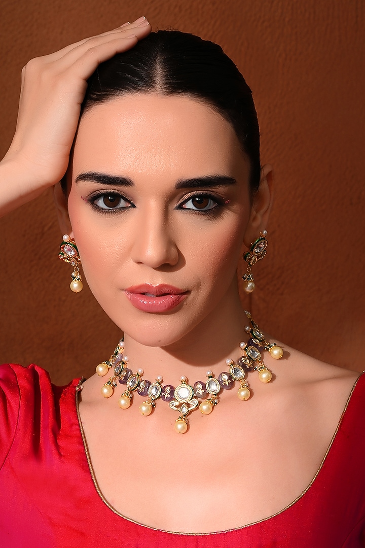 Gold Finish Purple Kundan Polki Necklace Set by Chhavi'S Jewels at Pernia's Pop Up Shop