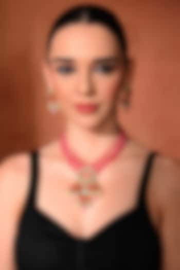 Gold Finish Pink Kundan Polki Necklace Set by Chhavi'S Jewels at Pernia's Pop Up Shop