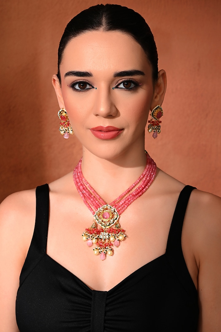Gold Finish Pink Kundan Polki Necklace Set by Chhavi'S Jewels at Pernia's Pop Up Shop