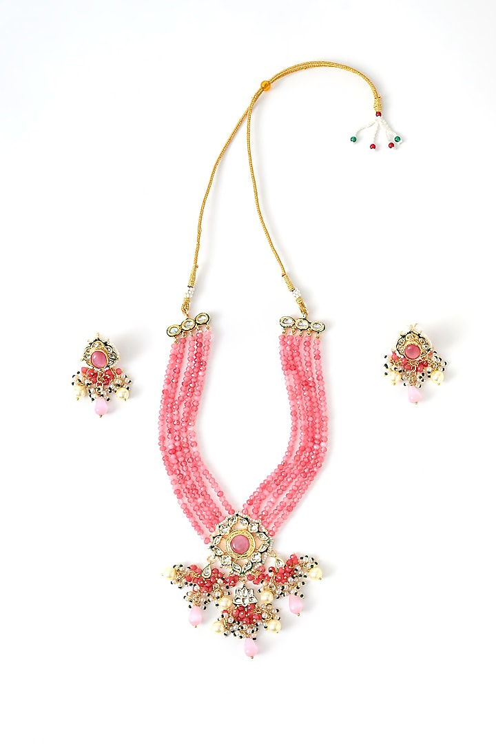 Gold Finish Pink Kundan Polki Necklace Set by Chhavi'S Jewels at Pernia's Pop Up Shop