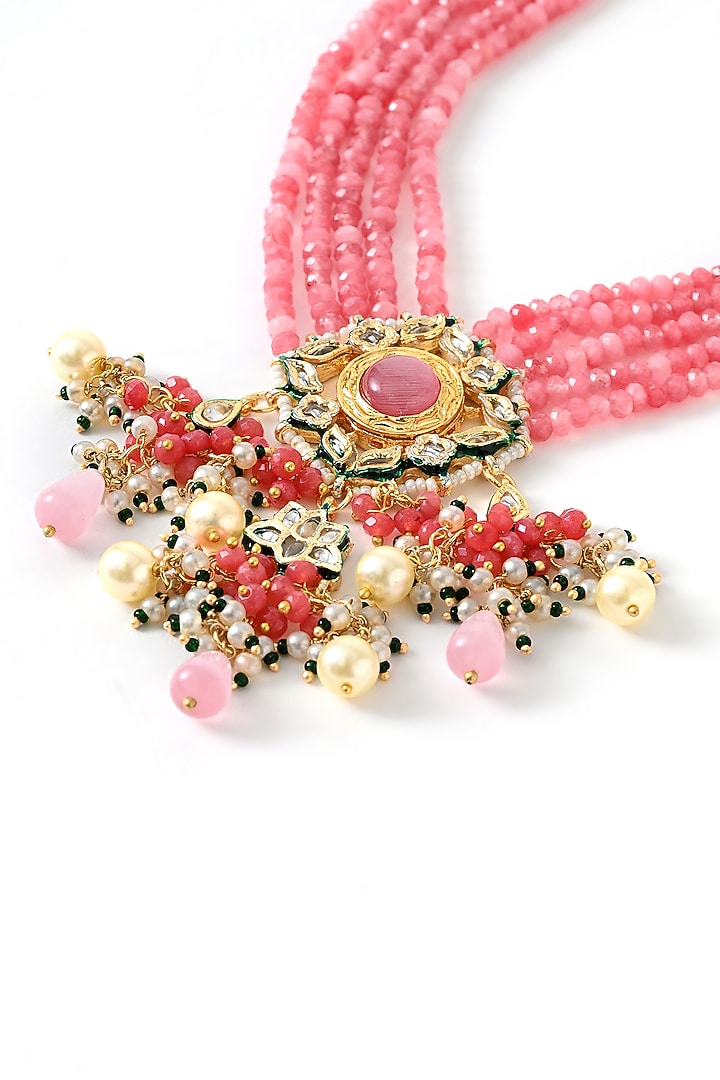 Gold Finish Pink Kundan Polki Necklace Set by Chhavi'S Jewels at Pernia's Pop Up Shop
