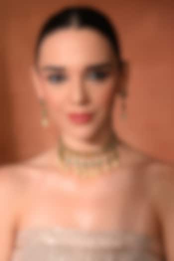 Gold Finish Green Kundan Polki Choker Necklace Set by Chhavi'S Jewels at Pernia's Pop Up Shop