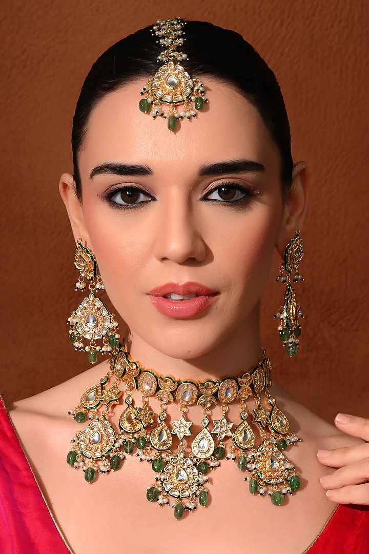 Gold Finish Green Kundan Polki Choker Necklace Set by Chhavi'S Jewels at Pernia's Pop Up Shop