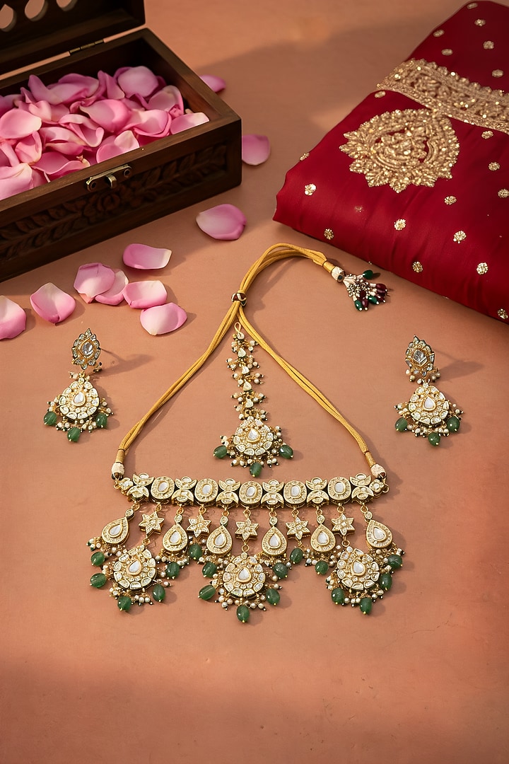 Gold Finish Green Kundan Polki Choker Necklace Set by Chhavi'S Jewels at Pernia's Pop Up Shop