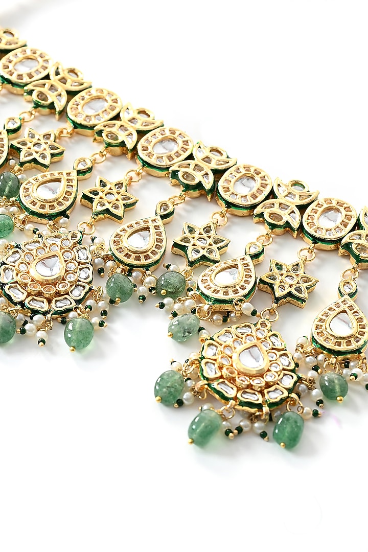 Gold Finish Green Kundan Polki Choker Necklace Set by Chhavi'S Jewels at Pernia's Pop Up Shop