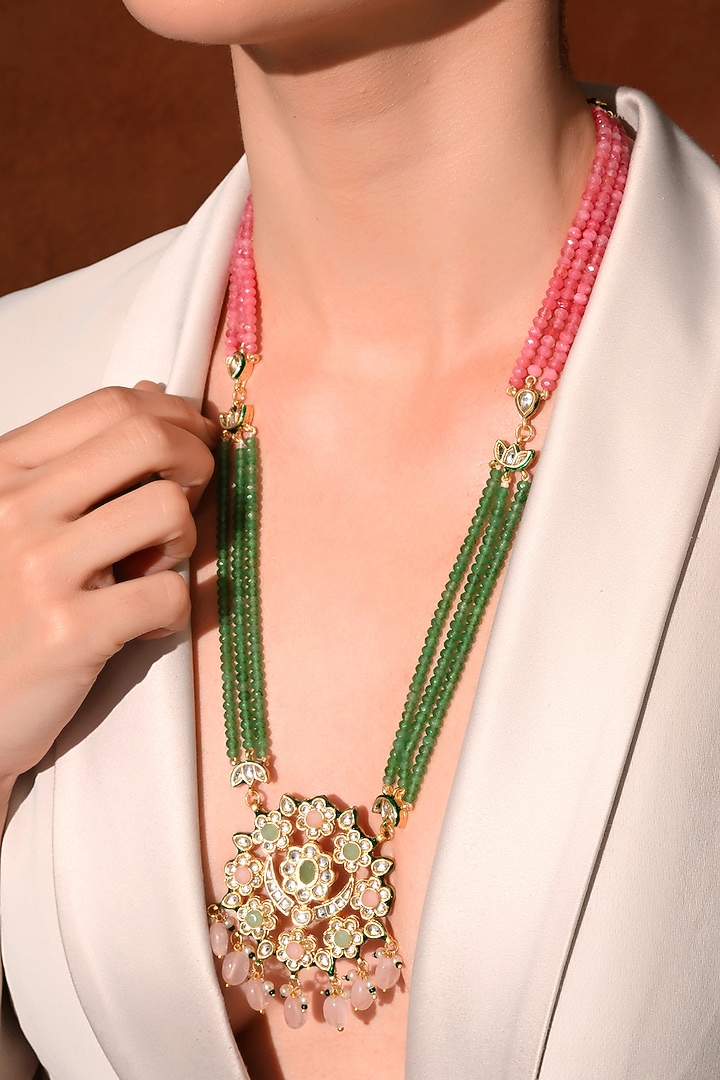 Gold Finish Multi-Colored Kundan Polki Long Necklace Set by Chhavi'S Jewels at Pernia's Pop Up Shop