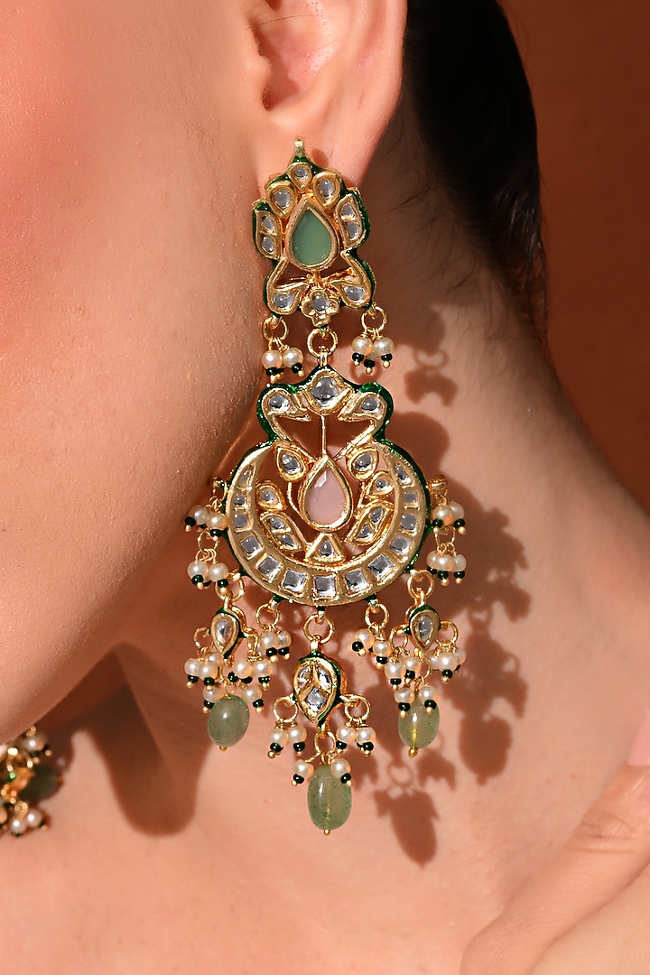 Gold Finish Multi-Colored Kundan Polki Chandbali Earrings by Chhavi'S Jewels at Pernia's Pop Up Shop