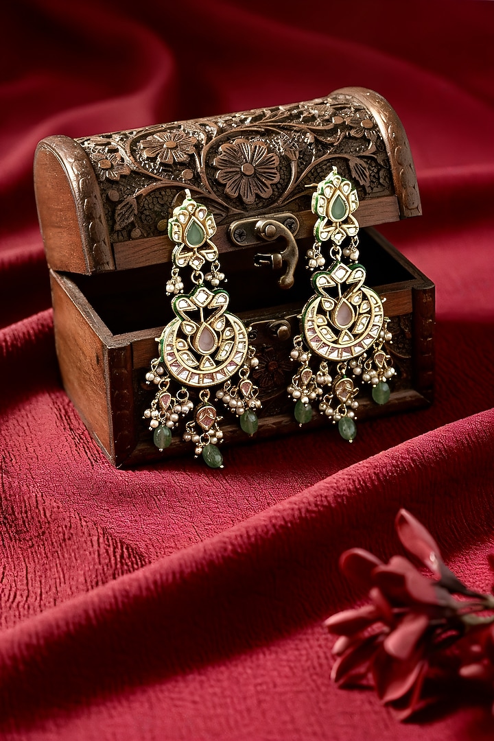 Gold Finish Multi-Colored Kundan Polki Chandbali Earrings by Chhavi'S Jewels at Pernia's Pop Up Shop