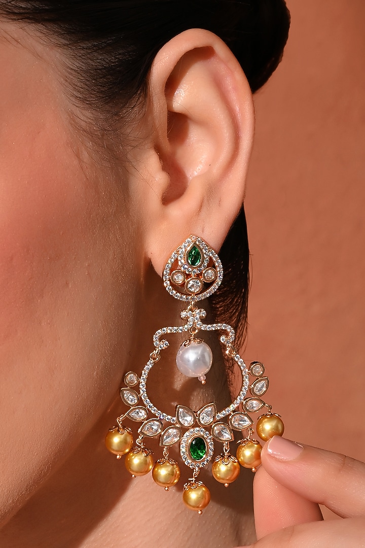 Gold Finish Green Kundan Polki Dangler Earrings by Chhavi'S Jewels at Pernia's Pop Up Shop