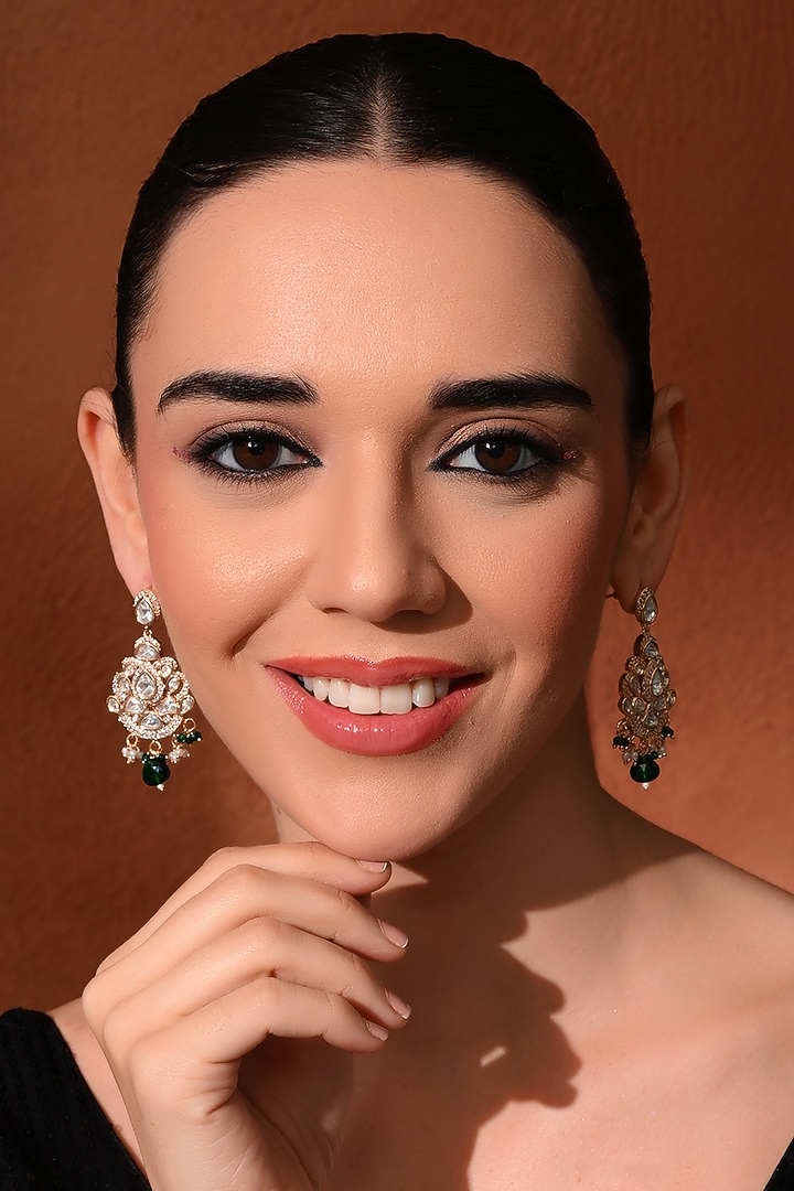 Gold Finish Green Kundan Polki Dangler Earrings by Chhavi'S Jewels at Pernia's Pop Up Shop