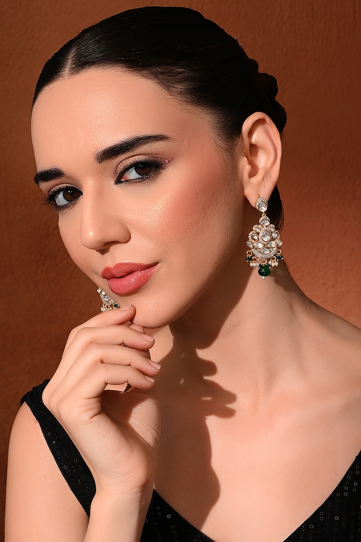 Gold Finish Green Kundan Polki Dangler Earrings by Chhavi'S Jewels at Pernia's Pop Up Shop