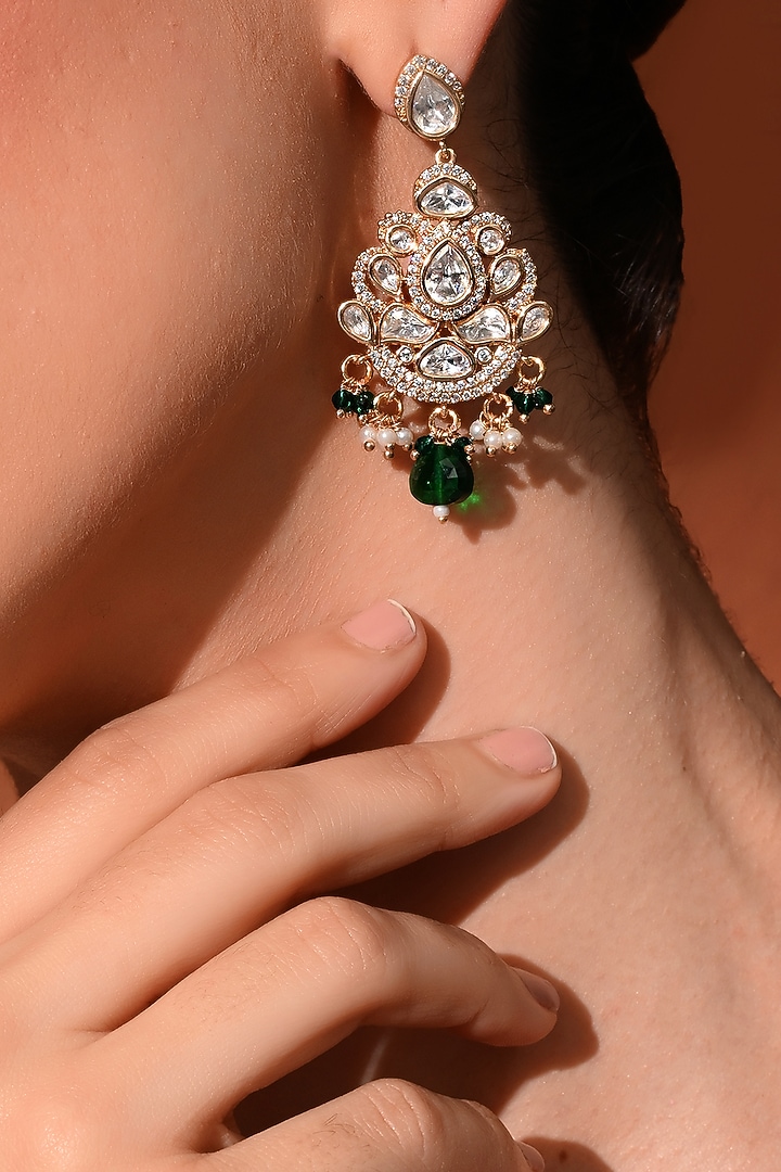 Gold Finish Green Kundan Polki Dangler Earrings by Chhavi'S Jewels at Pernia's Pop Up Shop