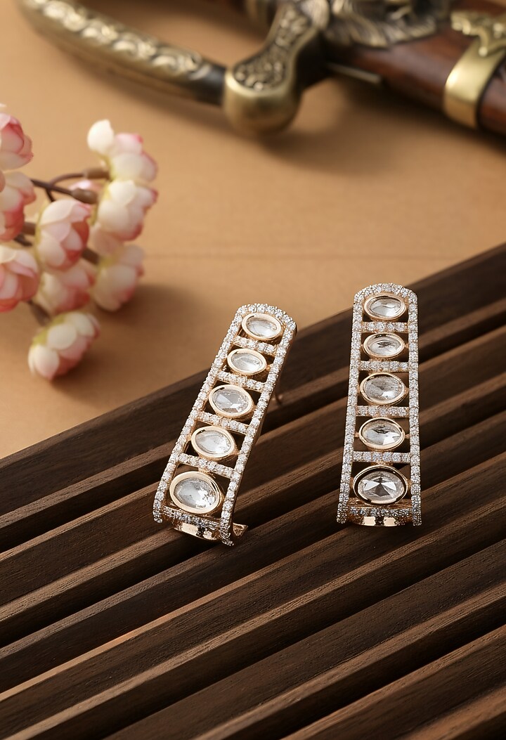 Gold Finish Kundan Polki Stud Earrings by Chhavi'S Jewels at Pernia's Pop Up Shop