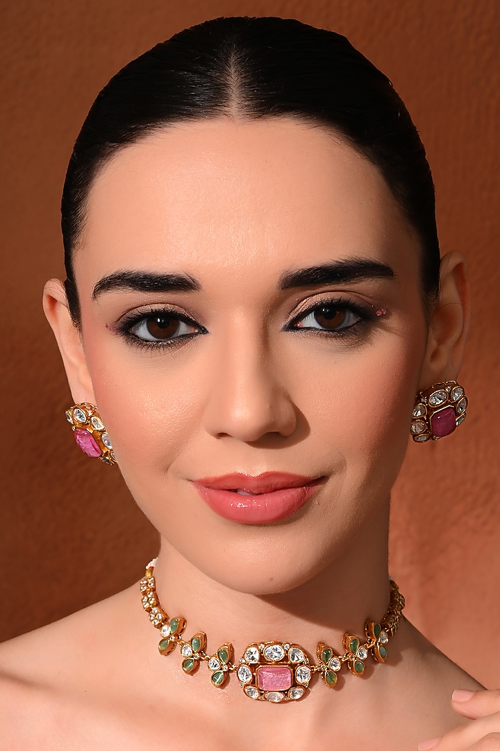 Gold Finish Multi-Colored Kundan Polki Choker Necklace Set by Chhavi'S Jewels at Pernia's Pop Up Shop