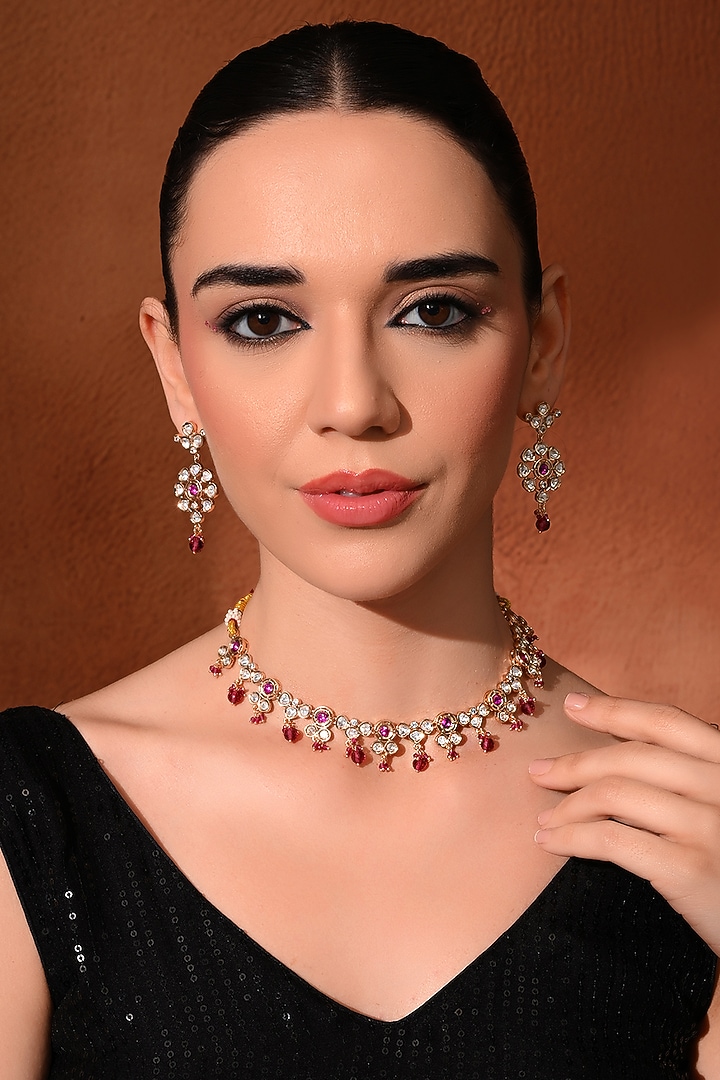 Gold Finish Pink Kundan Polki Choker Necklace Set by Chhavi'S Jewels at Pernia's Pop Up Shop