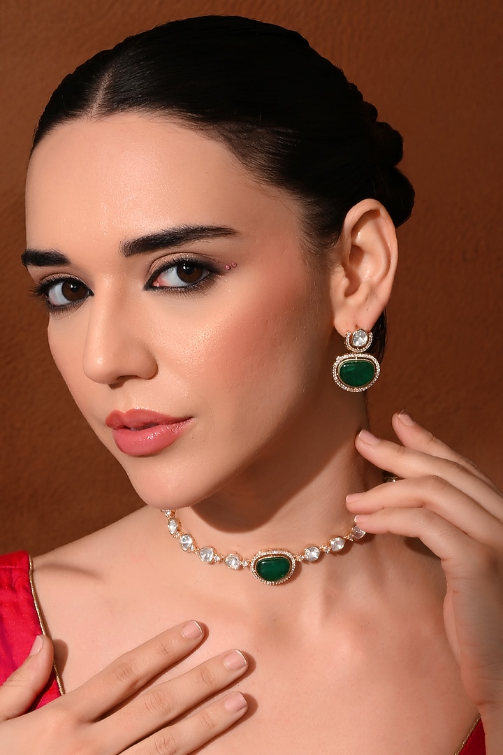 Gold Finish Green Stone & Kundan Polki Choker Necklace Set by Chhavi'S Jewels at Pernia's Pop Up Shop