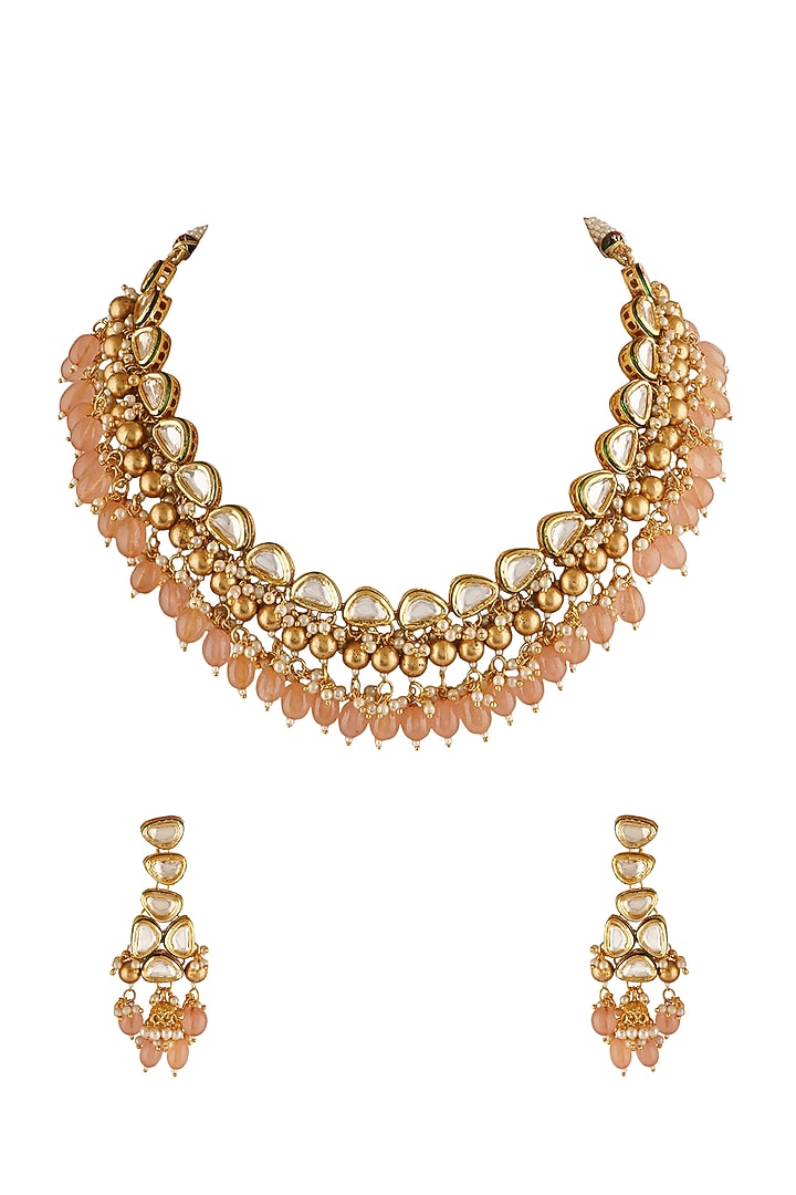 Gold Finish Orange Beaded Necklace Set by Chhavi's Jewels at Pernia's Pop Up Shop