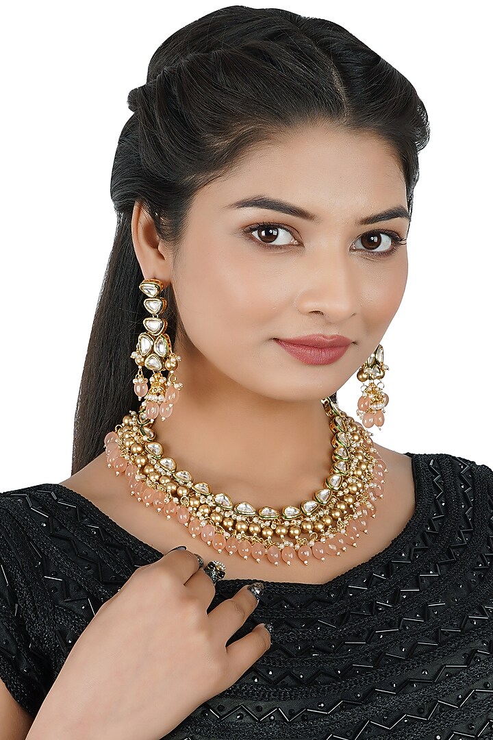 Gold Finish Orange Beaded Necklace Set by Chhavi's Jewels at Pernia's Pop Up Shop