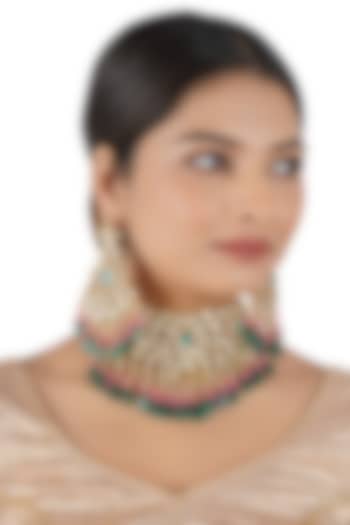 Gold Finish Kundan Polki Necklace Set by Chhavi'S Jewels at Pernia's Pop Up Shop