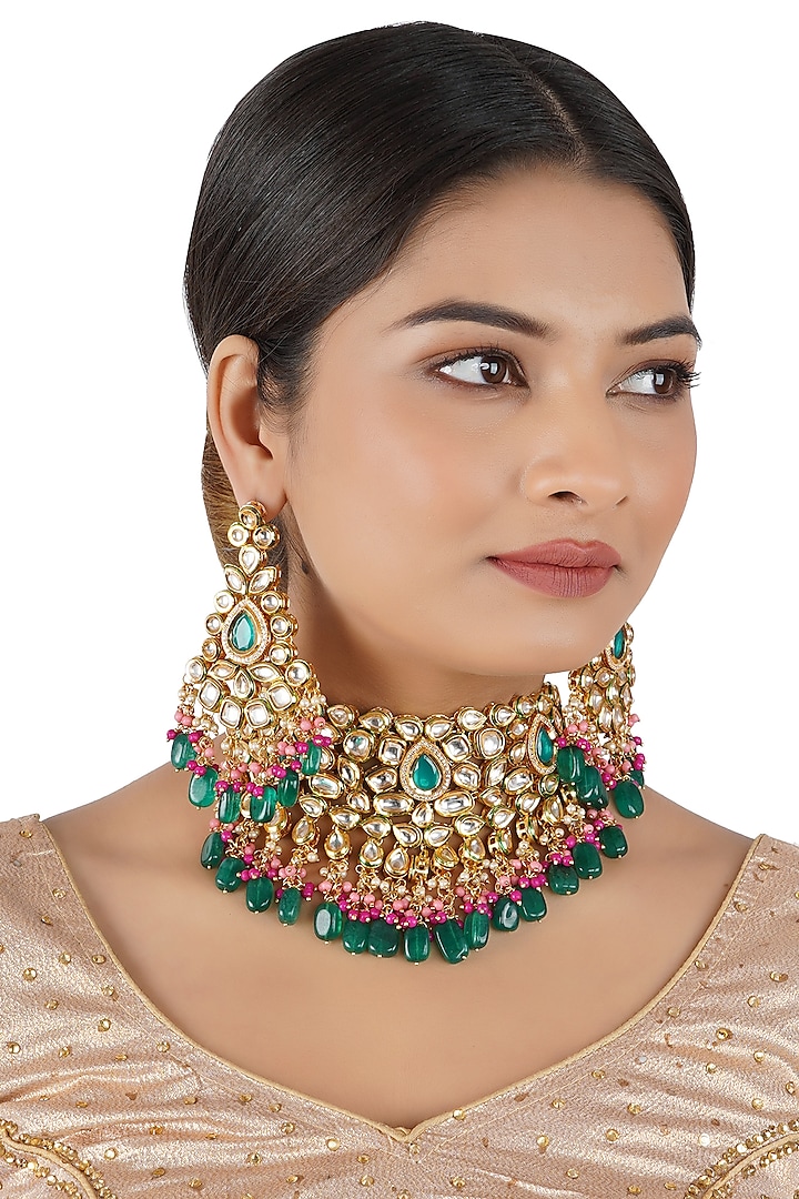 Gold Finish Kundan Polki Necklace Set by Chhavi'S Jewels at Pernia's Pop Up Shop