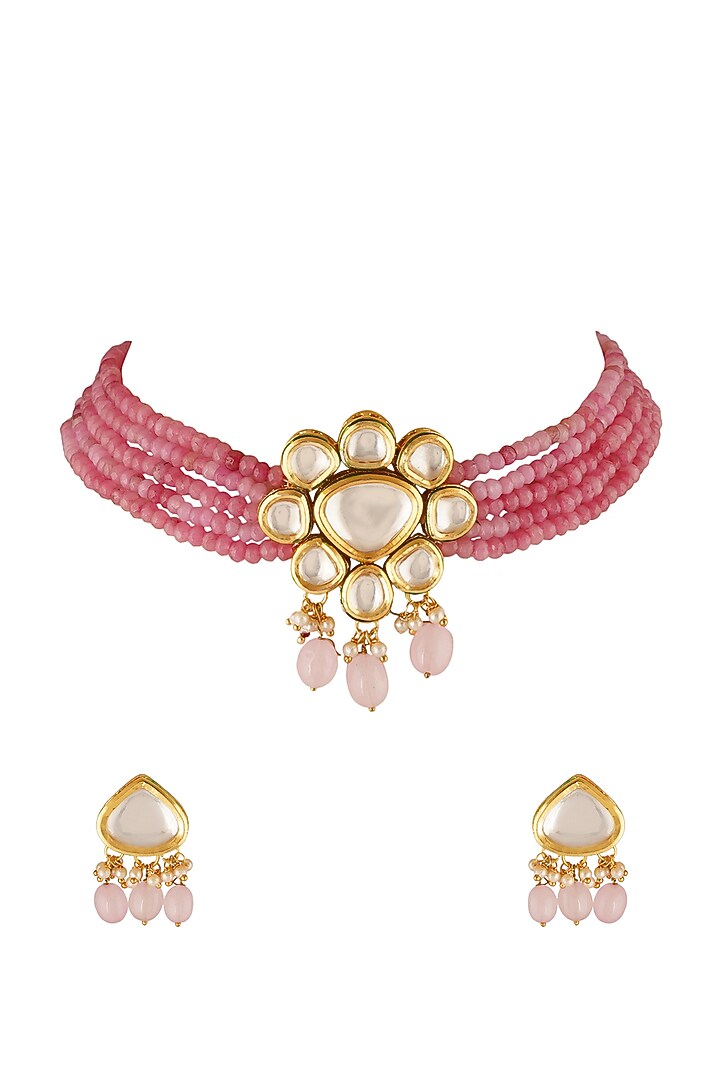 Gold Finish Choker Necklace Set With Kundan Polki by Chhavi'S Jewels at Pernia's Pop Up Shop