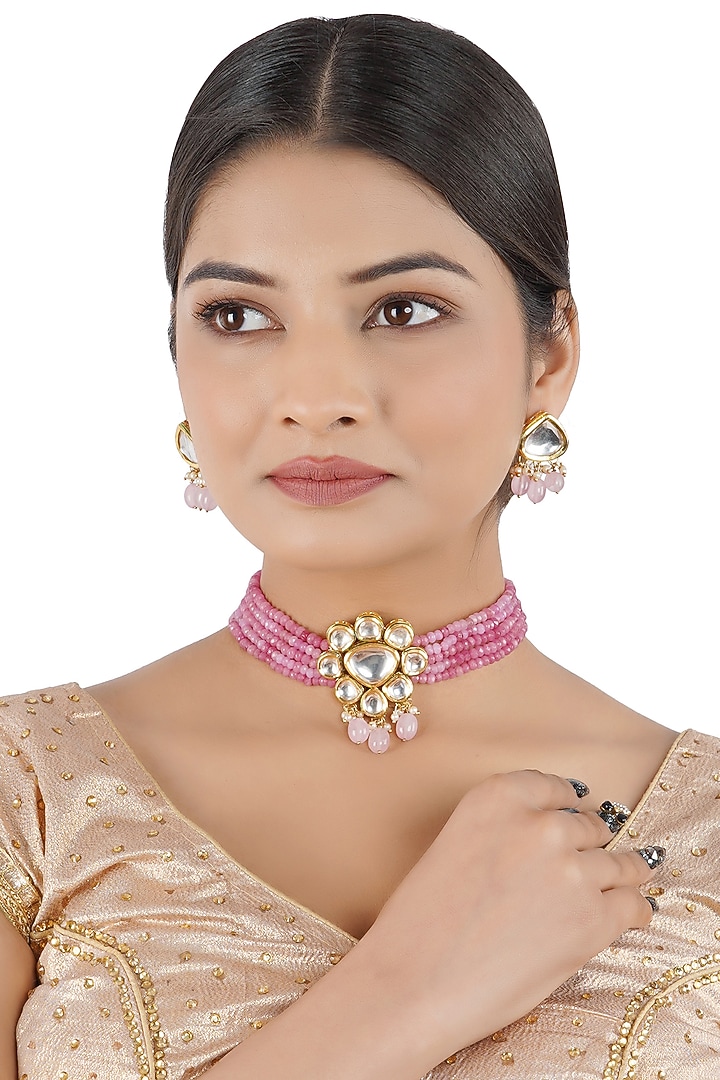 Gold Finish Choker Necklace Set With Kundan Polki by Chhavi'S Jewels at Pernia's Pop Up Shop