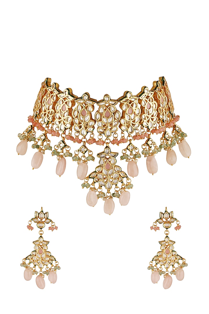 Gold Finish Choker Necklace Set With Kundan Polki by Chhavi'S Jewels at Pernia's Pop Up Shop