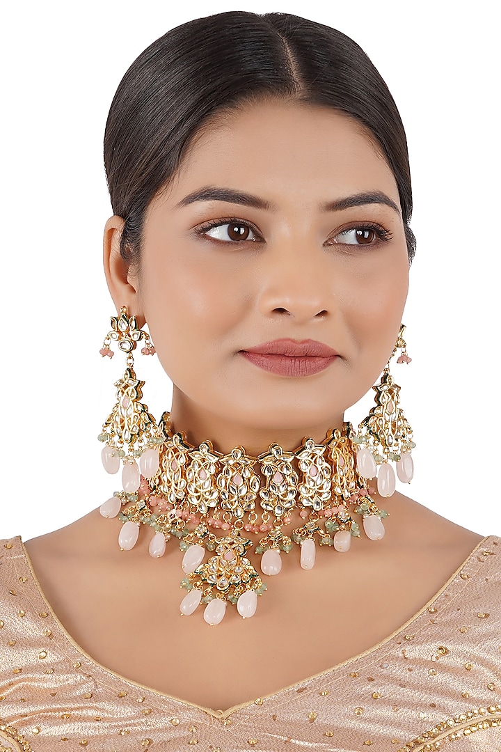 Gold Finish Choker Necklace Set With Kundan Polki by Chhavi'S Jewels