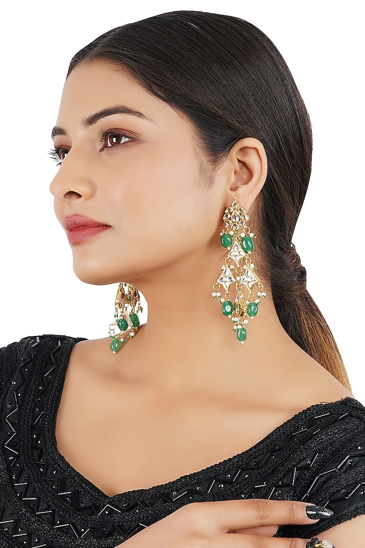 Gold Finish Kundan Dangler Earrings by Chhavi'S Jewels at Pernia's Pop Up Shop