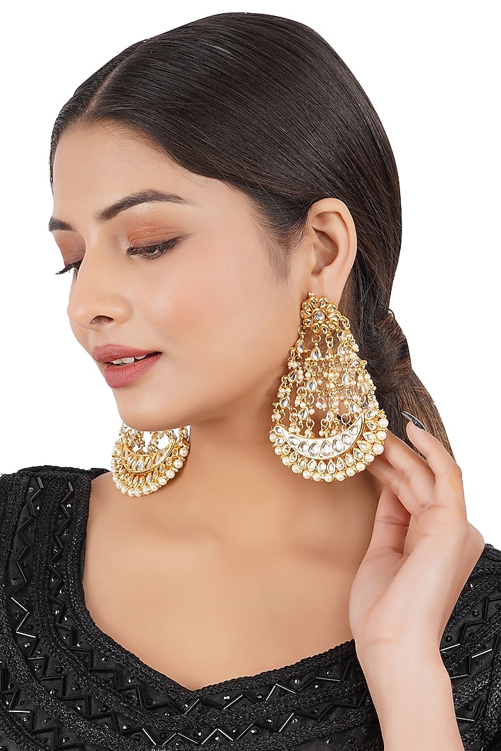 Gold Finish Dangler Earrings With Kundan Polki by Chhavi'S Jewels at Pernia's Pop Up Shop