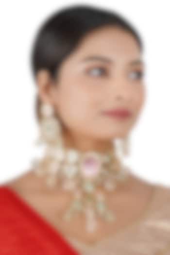 Gold Finish Necklace Set In Mixed Metal by Chhavi'S Jewels
