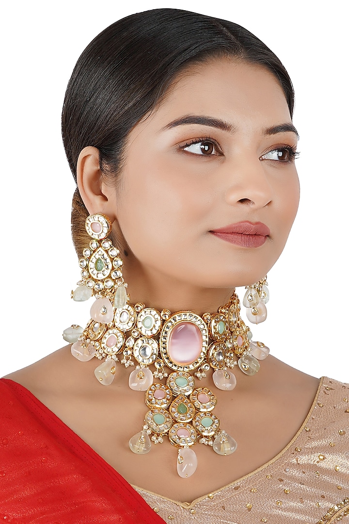 Gold Finish Necklace Set In Mixed Metal by Chhavi'S Jewels