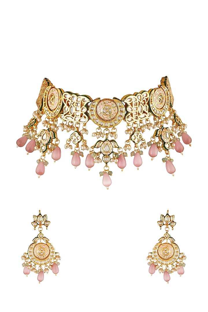 Gold Finish Choker Necklace Set With Pink Beads by Chhavi'S Jewels at Pernia's Pop Up Shop