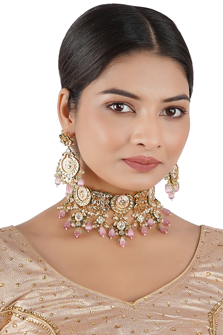 Gold Finish Choker Necklace Set With Pink Beads by Chhavi'S Jewels