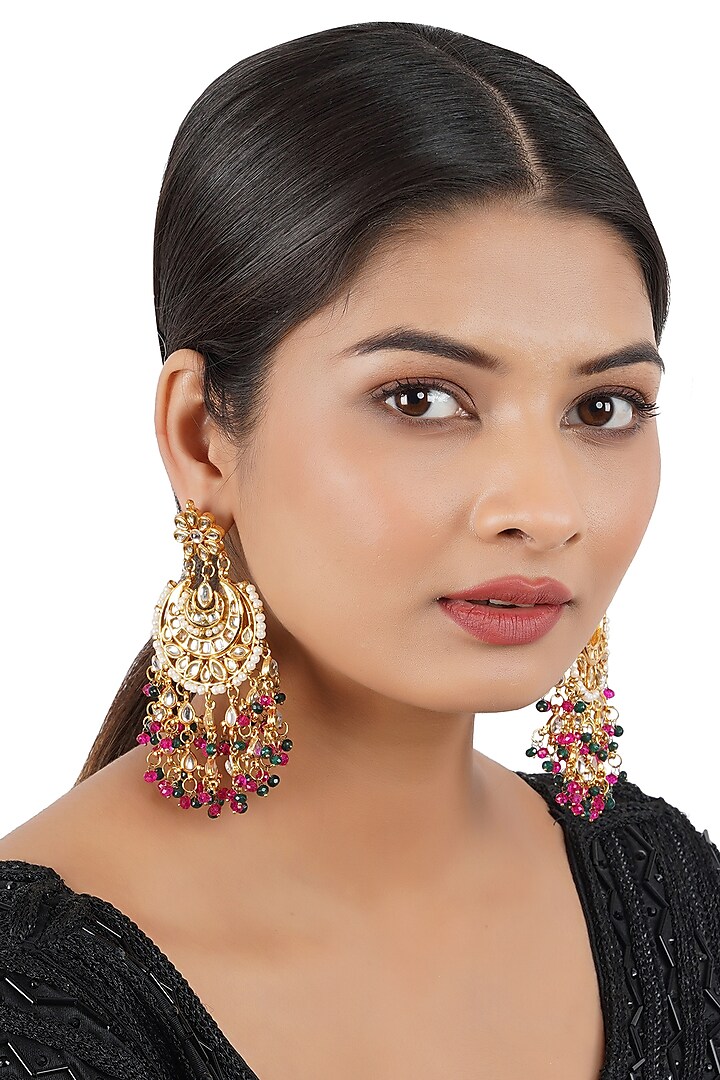 Gold Finish Chandbali Earrings With Kundan Polki by Chhavi's Jewels