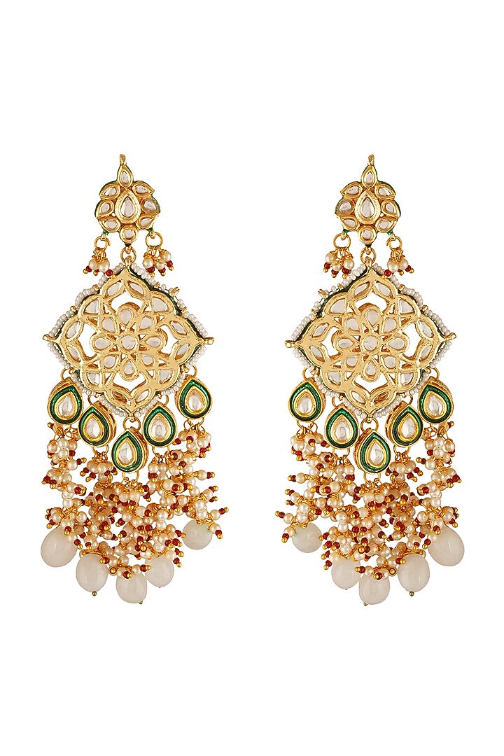 Gold Finish Kundan Polki Dangler Earrings In Mixed Metal by Chhavi's Jewels at Pernia's Pop Up Shop