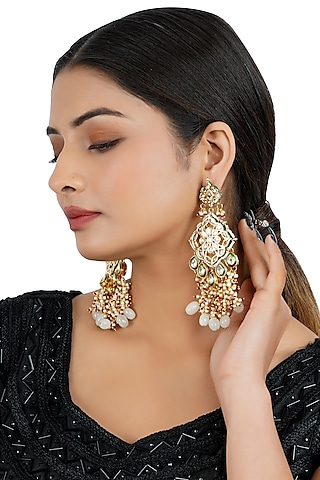 Gold Finish Kundan Polki Dangler Earrings In Mixed Metal by Chhavi's Jewels